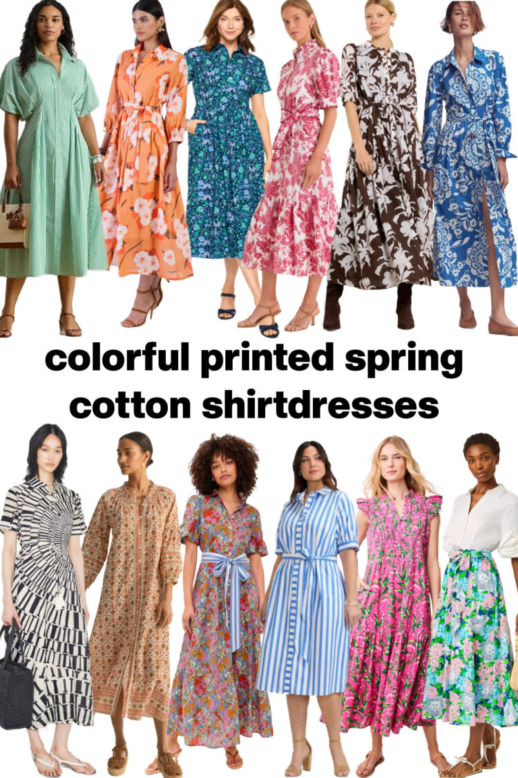 The Best Spring Shirtdresses in Cotton & Linen Sorted by Size, Style & Occasion 4 collage of 12 colorful printed cotton shirtdresses perfect for spring occasions like easter, day weddings, graduations, and holidays