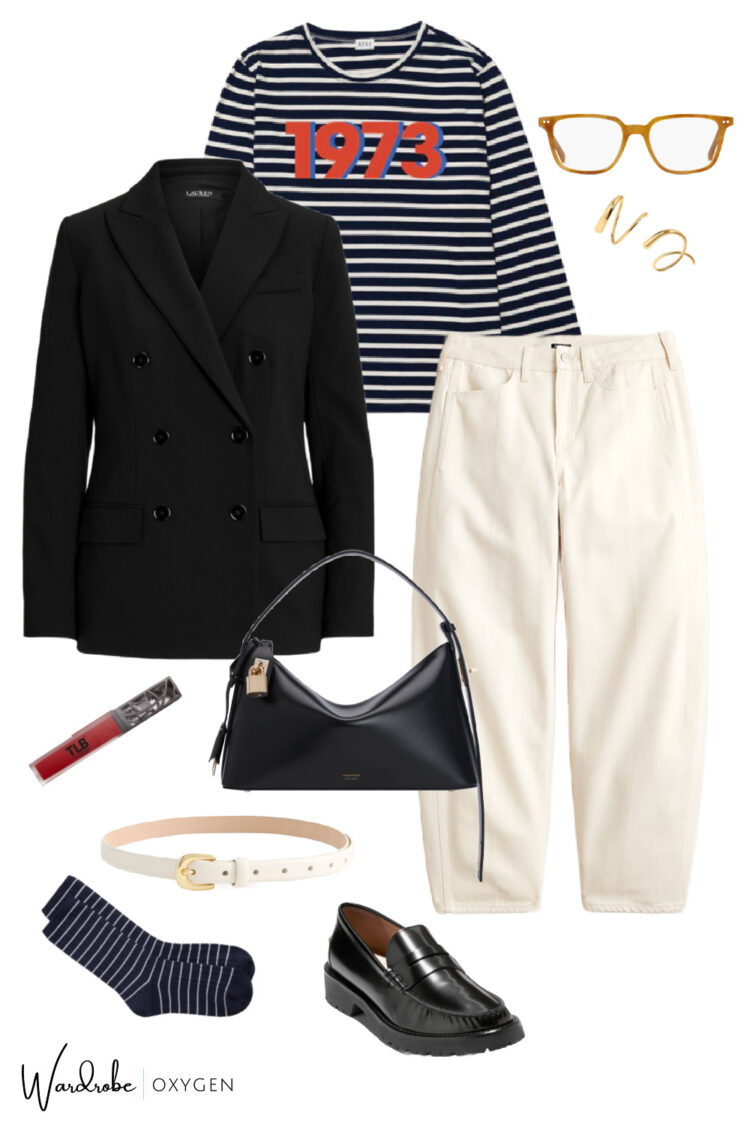 How to Style a Graphic Tee for the Workplace 5 styling a Kule x Prinkshop 1973 striped tee for the workplace with barrel pants and a double breasted blazer