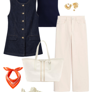 Look 10 Spring 2026 petite and midsize capsule wardrobe outfit 10: denim vest, navy tee, cream wide-leg jeans, cream tote, orange bandana scarf