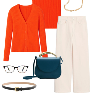 Look 11 Spring 2026 petite and midsize capsule wardrobe outfit 11: orange cardigan, orange ribbed tank, cream wide-leg jeans, teal crossbody bag, loafers