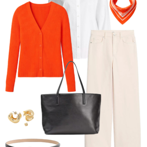 Look 12 Spring 2026 petite and midsize capsule wardrobe outfit 12: orange cardigan, white button-down shirt, cream wide-leg jeans, black tote, orange bandana scarf