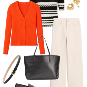 Look 13 Spring 2026 petite and midsize capsule wardrobe outfit 13: orange cardigan, black and white striped sweater, cream wide-leg jeans, black tote, loafers