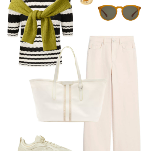 Look 14 Spring 2026 petite and midsize capsule wardrobe outfit 14: black and white striped sweater, lime cable-knit sweater tied over shoulders, cream wide-leg jeans, cream tote, sneakers