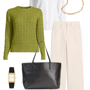 Look 15 Spring 2026 petite and midsize capsule wardrobe outfit 15: lime cable-knit sweater, white button-down shirt, cream wide-leg jeans, black tote, loafers