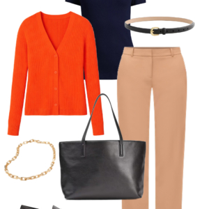 Look 18 Spring 2026 petite and midsize capsule wardrobe outfit 18: orange cardigan, navy tee, camel trousers, black tote, loafers