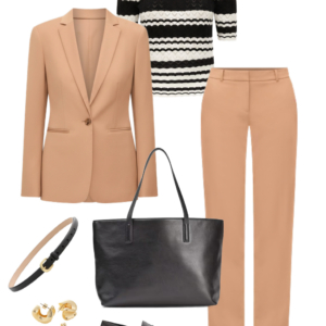 Look 2 Spring 2026 petite and midsize capsule wardrobe outfit 2: camel blazer, black and white striped sweater, camel trousers, black tote