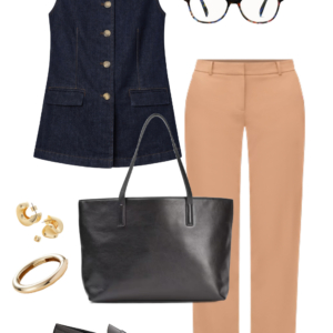 Look 20 Spring 2026 petite and midsize capsule wardrobe outfit 20: denim vest, camel trousers, black tote, loafers
