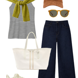 Look 23 Spring 2026 petite and midsize capsule wardrobe outfit 23: striped tank, lime cable-knit sweater tied over shoulders, dark wide-leg jeans, cream tote, sneakers, baseball cap