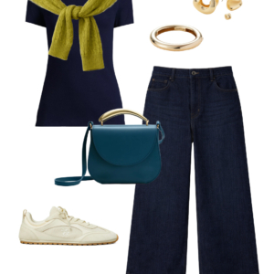 Look 25 Spring 2026 petite and midsize capsule wardrobe outfit 25: navy tee, lime cable-knit sweater tied over shoulders, dark wide-leg jeans, teal crossbody bag, sneakers