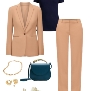 Look 3 Spring 2026 petite and midsize capsule wardrobe outfit 3: camel blazer, navy tee, camel trousers, teal crossbody bag