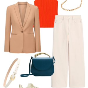 Look 7 Spring 2026 petite and midsize capsule wardrobe outfit 7: camel blazer, orange ribbed tank, cream wide-leg jeans, teal crossbody bag, sneakers