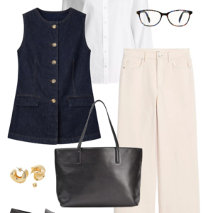 Look 9 Spring 2026 petite and midsize capsule wardrobe outfit 9: denim vest, white button-down shirt, cream wide-leg jeans, black tote, loafers