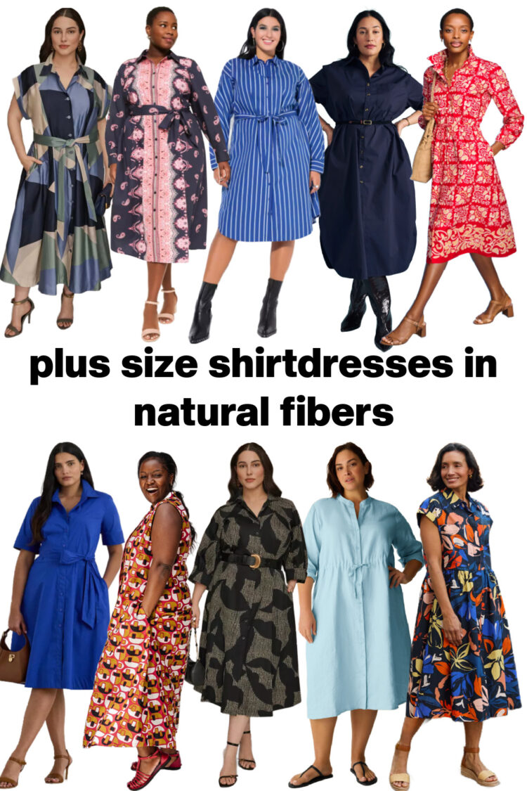 The Best Spring Shirtdresses in Cotton & Linen Sorted by Size, Style & Occasion 5 collage of 10 plus size shirtdresses in cotton and linen for spring 2026 curated by wardrobe oxygen