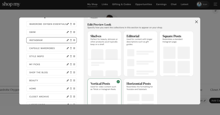 Is ShopMy Worth It? A Full-Time Blogger's Honest Take 2 a screenshot from shopmy showing the ways to customize the look of a section in a shop