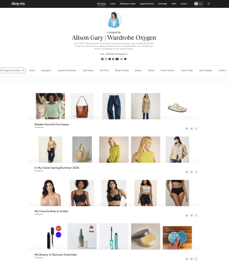 Is ShopMy Worth It? A Full-Time Blogger's Honest Take 3 Screenshot of the Wardrobe Oxygen Essentials category in Alison Gary's ShopMy shop, showing how it is set up as "shelves"