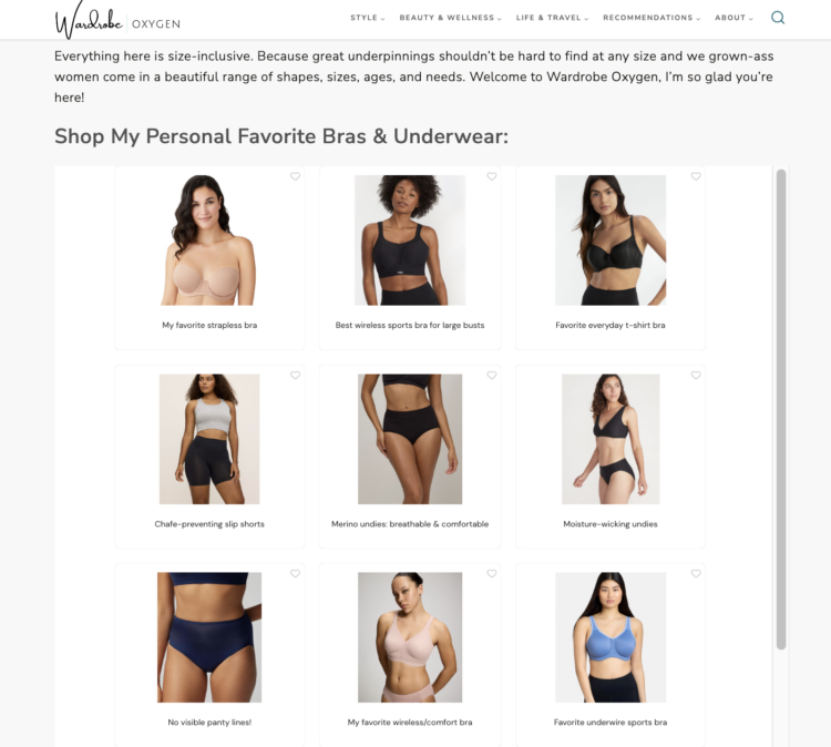 Is ShopMy Worth It? A Full-Time Blogger's Honest Take 15 screenshot from the Wardrobe Oxygen landing page for bras featuring a ShopMy embeddable component boutique of bras and underwear