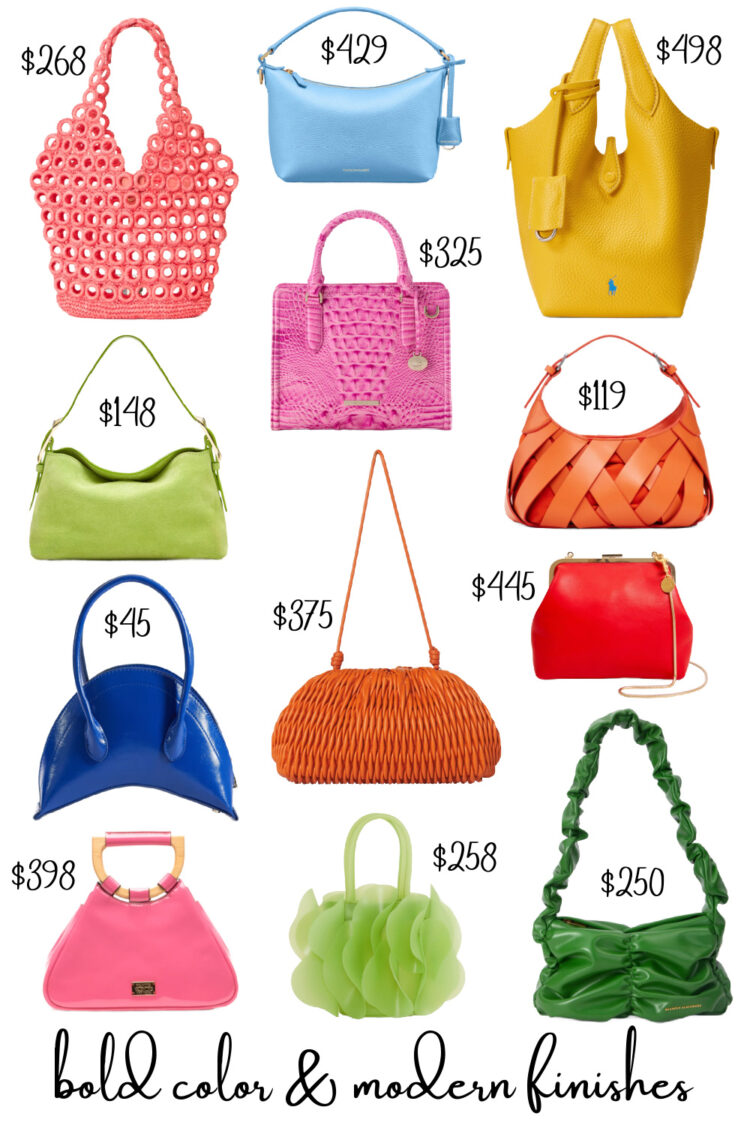 Spring & Summer 2026 Bag Trends Worth Checking Out 5 collage of 12 colorful trendy bags for 2026 curated for women in midlife by wardrobe oxygen