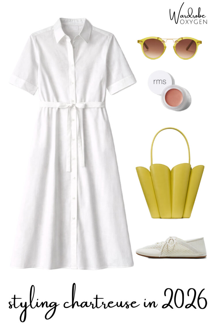How to Style Chartreuse for 2026 2 how to style chartreuse with white in 2026 featuring a theory poplin shirtdress and Kate Spade Outlet purse