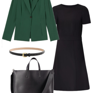 Green blazer over a black A-line dress with slingback flats, a black belt, and gold hoop earrings