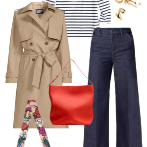 Tan trench coat with a Breton stripe top, wide-leg dark wash jeans, red bag, and black loafers