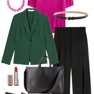 Green blazer and magenta cashmere tee with black wide-leg trousers, leather tote, and loafers