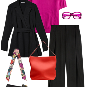 Black belted wrap jacket with magenta tee, black wide-leg trousers, red hobo bag, and loafers