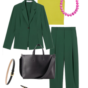 Green blazer, chartreuse knit shell, and green trousers styled with black slingbacks and a pink beaded necklace
