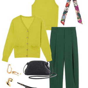 Chartreuse cardigan and shell twinset with green trousers, black woven crossbody, and a floral twilly scarf