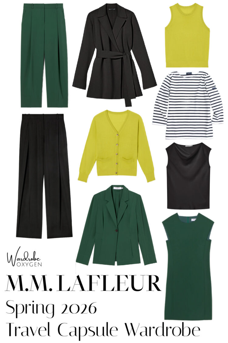 The Best Dress Pants with a Hidden Elastic Waistband (That Actually Look Like Real Pants) 3 m.m.lafleur spring travel capsule wardrobe featuring the Bala Barrel Pant in OrigamiTech which has a hidden elastic waistband