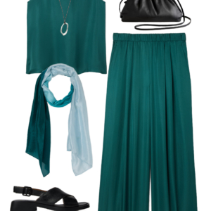 o1 Vacation outfit collage: teal silk tank and teal wide-leg pants with a teal-to-sky-blue ombre scarf, silver pendant necklace, silver ball stud earrings, black leather drawstring crossbody bag, and black Camper Dana crossover sandals.