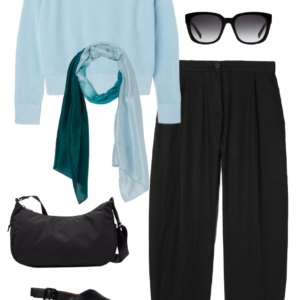 o10 Vacation outfit collage: sky blue sweater and black wide-leg pants with a teal-to-sky-blue ombre scarf, silver ball stud earrings, black sunglasses, black water-resistant crossbody bag, and black Camper Dana sandals.