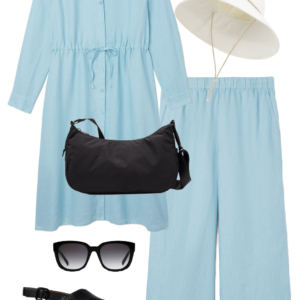 o14 Vacation outfit collage: sky blue shirtdress worn as a tunic over sky blue wide-leg pants with a cream UPF brimmer hat, black sunglasses, black water-resistant crossbody bag, and black Camper Dana sandals.