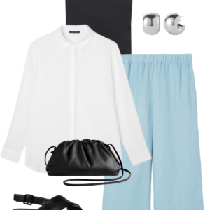o15 Vacation outfit collage: navy tank layered under an open white button-down shirt with sky blue wide-leg pants, silver ball stud earrings, black leather drawstring crossbody bag, and black Camper Dana sandals.