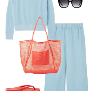 o16 Vacation outfit collage: sky blue sweater and sky blue wide-leg pants with black sunglasses, coral mesh tote bag, and coral Archies flip flops.