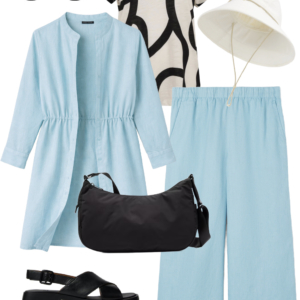 o18 Vacation outfit collage: sky blue shirtdress worn open over a black and cream abstract print tee with sky blue wide-leg pants, cream UPF brimmer hat, black sunglasses, black water-resistant crossbody bag, and black Camper Dana sandals.