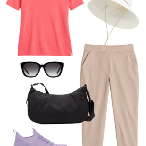 o20 Vacation outfit collage: coral UPF tee and tan Athleta Brooklyn ankle pants with a cream UPF brimmer hat, black sunglasses, black water-resistant crossbody bag, and lavender Keds BlissMove sneakers.