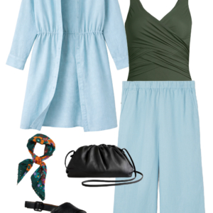 o28 Vacation outfit collage: sky blue shirtdress worn open as a layer over a dark olive one-piece swimsuit worn as a top with sky blue wide-leg pants, teal floral silk square scarf, black leather drawstring crossbody bag, and black Camper Dana sandals.