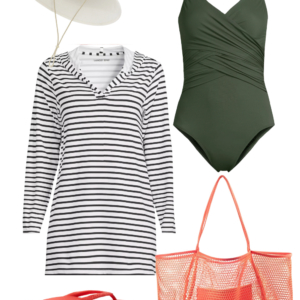 o30 Vacation outfit collage: dark olive one-piece swimsuit with black and white striped Lands' End UPF hooded tunic as a swim coverup, cream UPF brimmer hat, black sunglasses, coral mesh tote bag, and coral Archies flip flops.