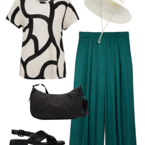 o5 Vacation outfit collage: black and cream abstract print tee and teal wide-leg pants with a cream UPF brimmer hat, black sunglasses, and black water-resistant crossbody bag with black Camper Dana sandals.