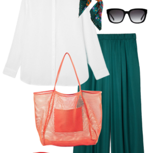 o6 Vacation outfit collage: white button-down shirt and teal wide-leg pants with a teal floral silk square scarf tied at the neck, black sunglasses, coral mesh tote bag, and coral Archies flip flops.