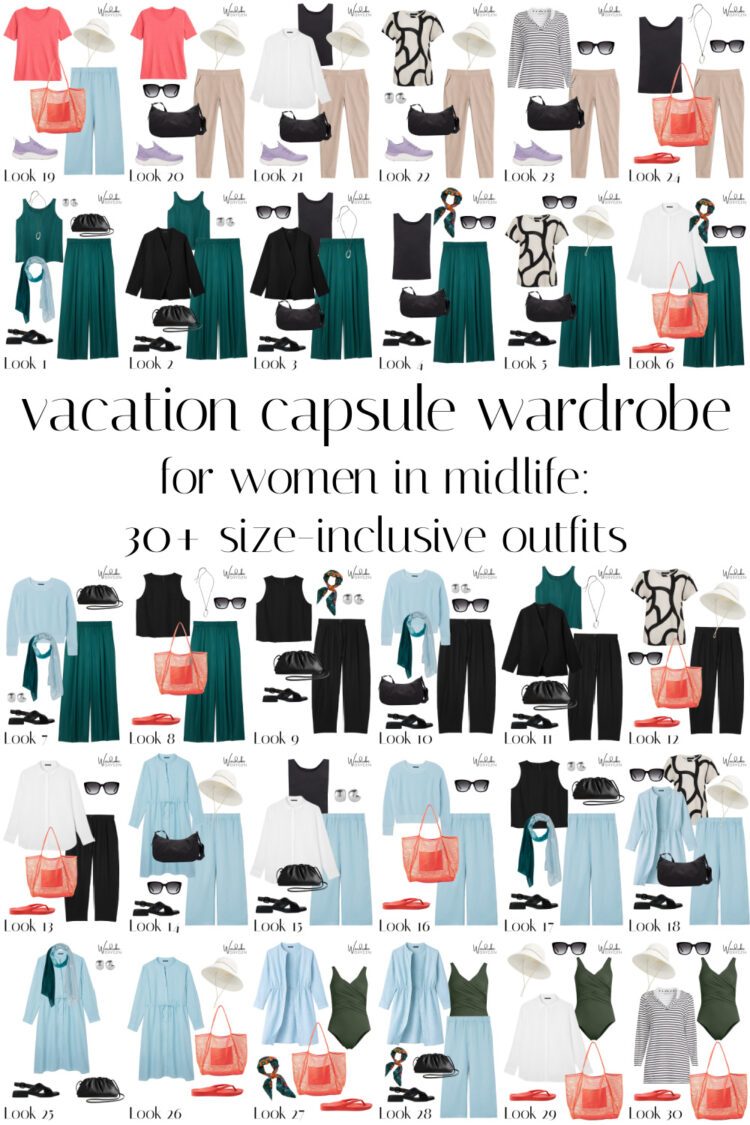 Vacation Capsule Wardrobe for Women Over 40: 14 Garments, 30 Looks 2 collage of 30 outfits from Wardrobe Oxygen's 2026 vacation capsule wardrobe for women in midlife