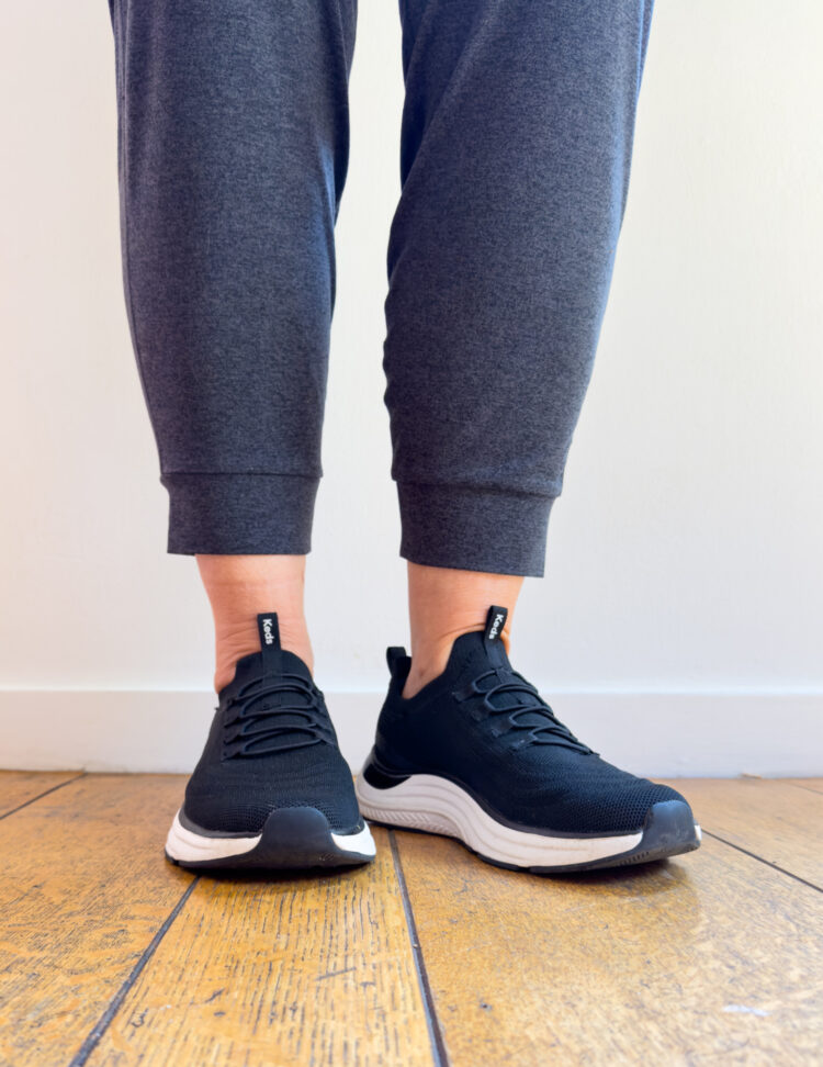 Keds BlissMove Sneaker Review: What One Wardrobe Oxygen Reader Really Thinks 3 woman wearing and reviewing the black marl keds blissmove sneakers for wardrobe oxygen