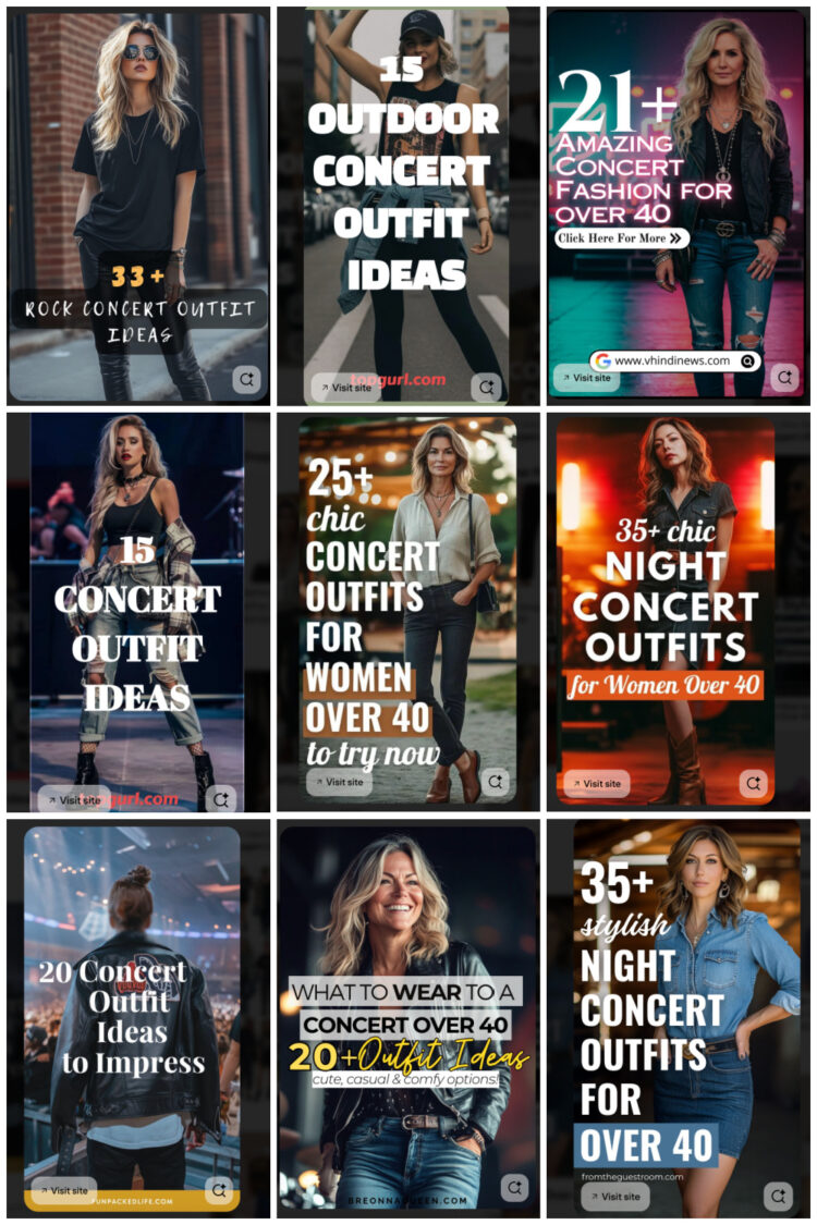 AI what to wear to a concert collage of 9 pins from Pinterest that were made with AI suggesting ideas of what to wear to a concert